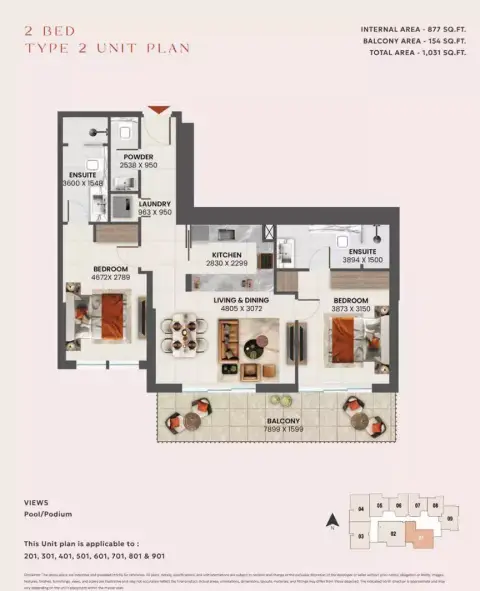 Sunvale: Floor plan Type 2, 1,031 sq ft