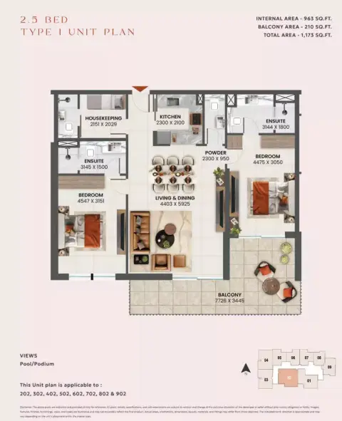 Sunvale: Floor plan Type 1+, 1,173 sq ft