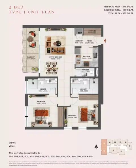 Sunvale: Floor plan Type 1, 982 sq ft