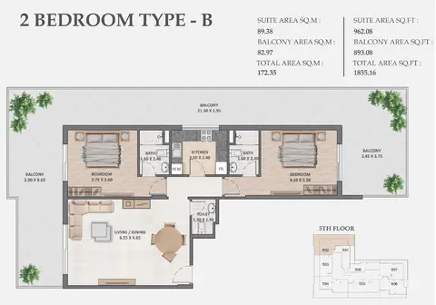 Linden Residences Dubai: फ़्लोर प्लान Type - B, 1,855 sq ft