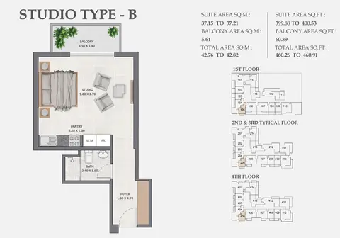 Linden Residences Dubai: फ़्लोर प्लान Type - B, 461 sq ft