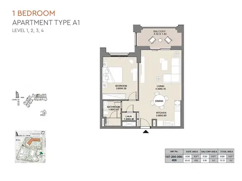 MJL Jadeel: Floor plan Type A1, Level 1,2,3,4, Unit No-107,206,306,406, 757 sq ft