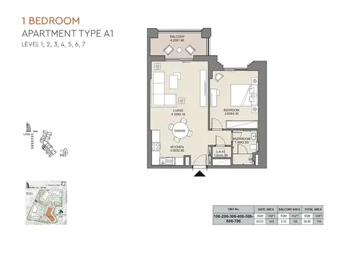 MJL Jadeel: Floor plan Type A1, Level 1,2,3,4,5,6,7, Unit No-106,206,306,406,506,606,706, 749 sq ft