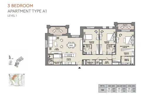 MJL Al Jazi: Floor plan Type A1, Level 1, Unit No-104, 1,825 sq ft