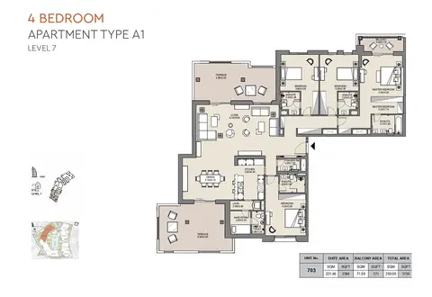 MJL Al Jazi: Floor plan Type A1, Level 7, Unit No-703, 3,154 sq ft