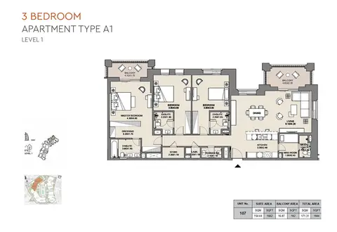 MJL Al Jazi: Floor plan Type A1, Level 1, Unit No-107, 1,844 sq ft