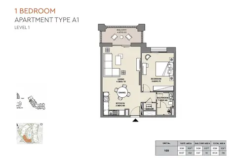 MJL Al Jazi: Floor plan Type A1, Level 1, Unit No-109, 745 sq ft