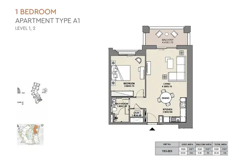 MJL Al Jazi: Floor plan Type A1, Level 1,2, Unit No-103-203, 748 sq ft