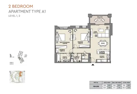 MJL Al Jazi: Floor plan Type A1, Level 1,2, Unit No-106-206, 1,117 sq ft
