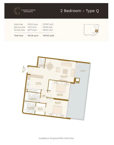 Chaimaa Avenue: Floor plan 2-Bedroom-Type-Q, Size-1467.63-sq.ft, 1,468 sq ft