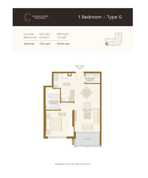 Chaimaa Avenue: Floor plan 1-Bedroom-Type-G, Size-764.94-sq.ft, 765 sq ft