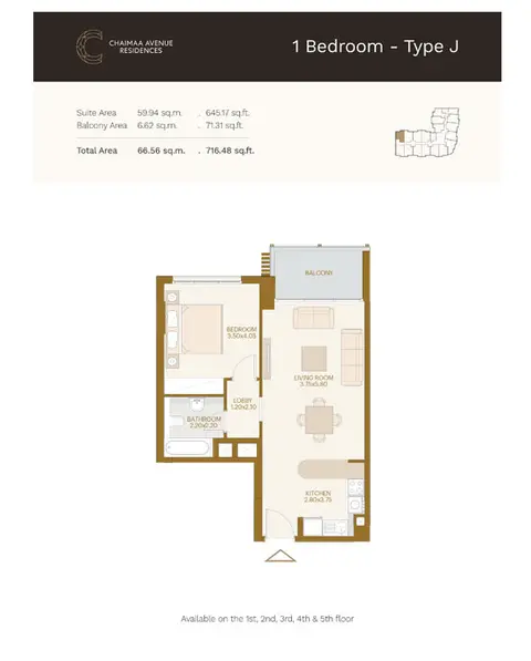 Chaimaa Avenue: Floor plan 1-Bedroom-Type-J, Size-716.48-sq.ft, 716 sq ft