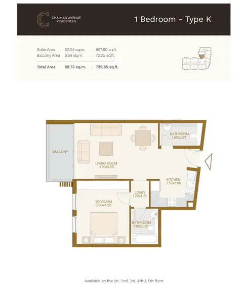 Chaimaa Avenue: Floor plan 1-Bedroom-Type-K, Size-739.85-sq.ft, 740 sq ft