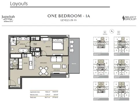 Jumeirah Living Marina Gate: Plattegrond 1 Bedroom Apartment, Type 1A, Size 977 sq ft, 977 sq ft