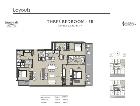 Jumeirah Living Marina Gate: Plattegrond 3 Bedroom Apartment, Type 3B, Size 2146 sq ft, 2,146 sq ft