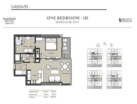 Jumeirah Living Marina Gate: Plattegrond 1 Bedroom Apartment, Type 1D, Size 800 sq ft, 800 sq ft