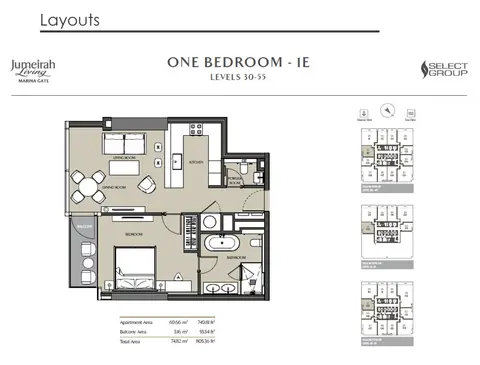 Jumeirah Living Marina Gate: Plattegrond 1 Bedroom Apartment, Type 1E, Size 805 sq ft, 805 sq ft