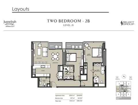 Jumeirah Living Marina Gate: Plattegrond 2 Bedroom Apartment, Type 2B, Size 1481 sq ft, 1,481 sq ft