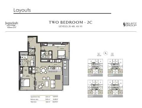 Jumeirah Living Marina Gate: Plattegrond 2 Bedroom Apartment, Type 2C, Size 1432 sq ft, 1,432 sq ft