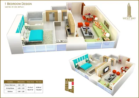 West Bay Tower: Floor plan 1 Bedroom Unit 01, Size 983 sq ft, 983 sq ft