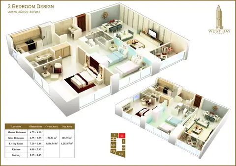 West Bay Tower: Floor plan 2 Bedroom Unit 02, Size 1666 sq ft, 1,666 sq ft