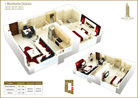 West Bay Tower: Floor plan 1 Bedroom Unit 08, 09, Size 932 sq ft, 932 sq ft