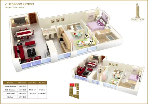 West Bay Tower: Floor plan 2 Bedroom Unit 03, Size 1563 sq ft, 1,563 sq ft