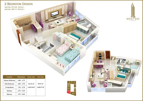 West Bay Tower: Floor plan 2 Bedroom Unit 06, 07, Size 1425 sq ft, 1,425 sq ft