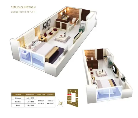 West Bay Tower: Floor plan Studio Unit 05, Size 625 sq ft, 625 sq ft