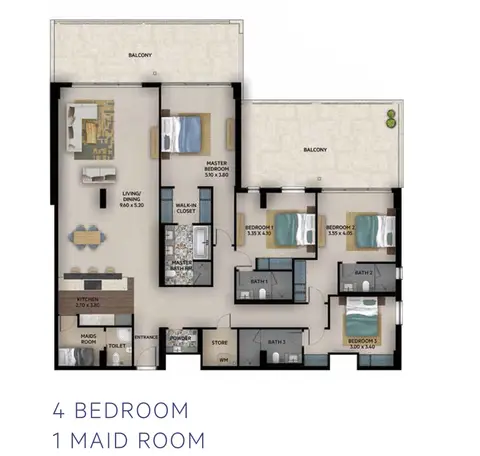 OIA Residence: Floor plan 3 Bedroom Apartment Level 1 & 2 with 1 Maid Room
