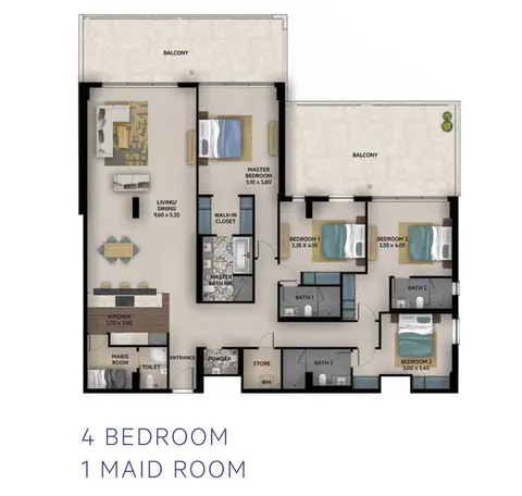 OIA Residence: Floor plan 4 Bedroom Apartment Level 1 & 2 with 1 Maid Room