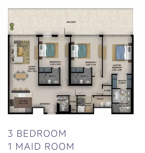 OIA Residence: Floor plan 3 Bedroom Apartment with 1 Maid Room