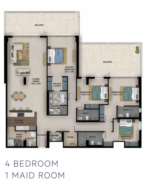 OIA Residence: Floor plan 4 Bedroom Apartment with 1 Maid Room