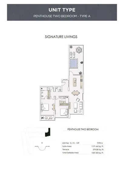 Signature Livings: Floor plan Penthouse-2-Bedroom,Type-A,Unit-no SL-IN-129, Size-1551.00-sq.ft, 1,551 sq ft
