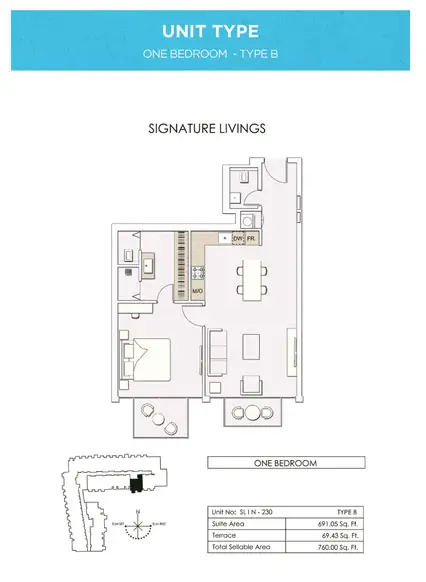 Signature Livings: Floor plan 1-Bedroom, Type-B, Unit-no SL-IN-230, Size 760.00-sq.ft, 760 sq ft
