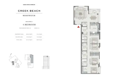 Rosewater at Creek Beach: फ़्लोर प्लान Penthouse Unit 02, Level 10, 2,221 sq ft