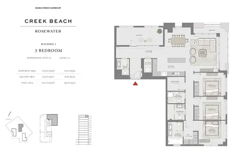 Rosewater at Creek Beach: फ़्लोर प्लान Penthouse Unit 03, Level 11, 2,013 sq ft