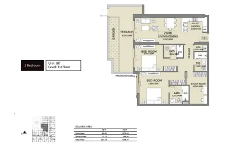 Lucky 1 Residences: Floor plan 2-Bedroom, Unit-101, Size-1368.41-Sq.ft, 1,368 sq ft