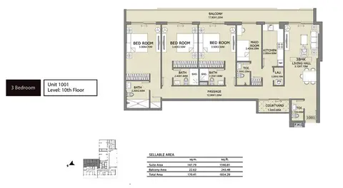 Lucky 1 Residences: Floor plan 3-Bedroom, Unit-1001, Size-1834.29-Sq.Ft, 1,834 sq ft
