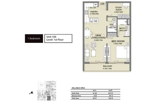 Lucky 1 Residences: Floor plan 1-Bedroom, Unit-109, Size-746.70-Sq.ft, 747 sq ft