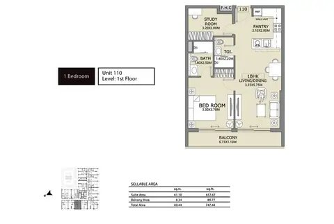 Lucky 1 Residences: Floor plan 1-Bedroom, Unit-110, Size-747.44-Sq.ft, 747 sq ft