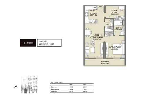 Lucky 1 Residences: Floor plan 1-Bedroom, Unit-111, Size-746.70-Sq.ft, 747 sq ft