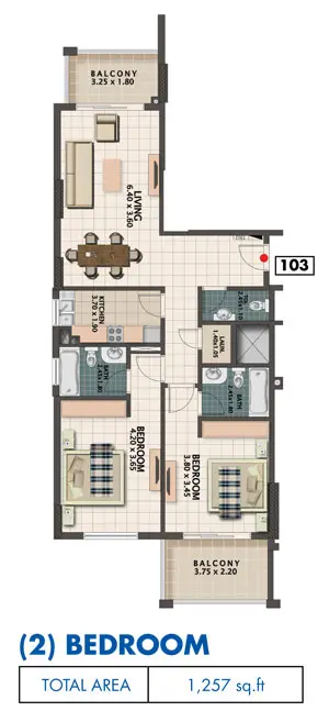 Q Line: Floor plan 2 Bedroom, Size 1257 sq.ft, 1,257 sq ft