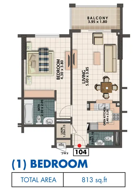 Q Line: Floor plan 1 Bedroom, Size 813 sq.ft, 813 sq ft