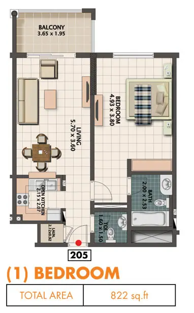 Q Line: Floor plan 1 Bedroom, Size 822 sq.ft, 822 sq ft