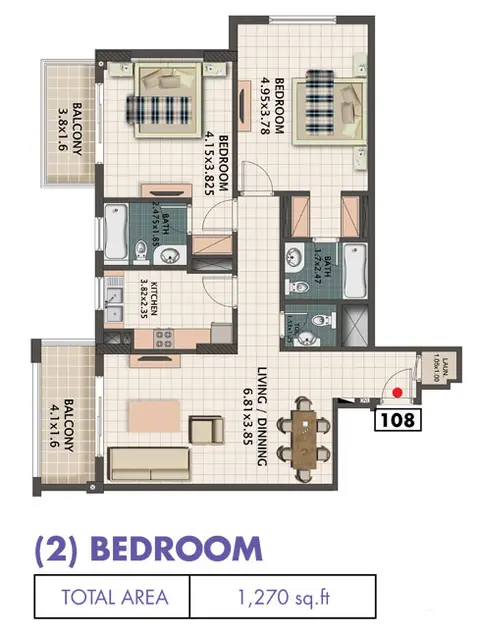 Q Line: Floor plan 2 Bedroom, Size 1270 sq.ft, 1,270 sq ft