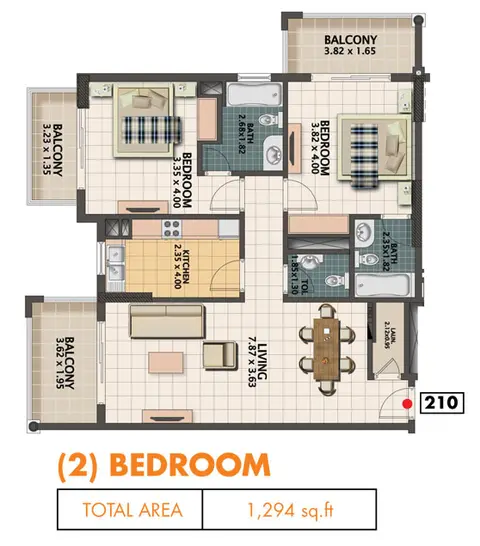 Q Line: Floor plan 2 Bedroom, Size 1294 sq.ft, 1,294 sq ft