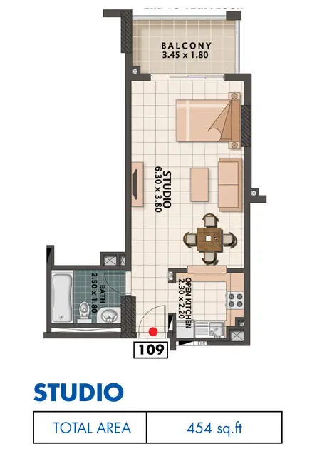 Q Line: Floor plan Studio, Size 454 sq.ft, 454 sq ft