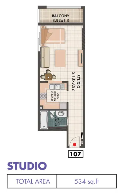 Q Line: Floor plan Studio, Size 534 sq.ft, 534 sq ft