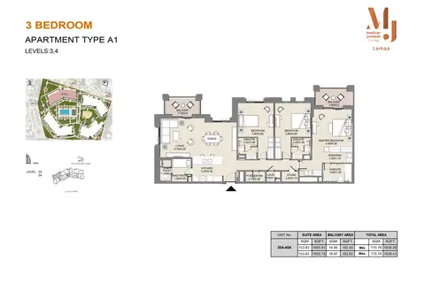 MJL Lamaa: Plan Type A1, Levels 3, 4, 1,838 sq ft